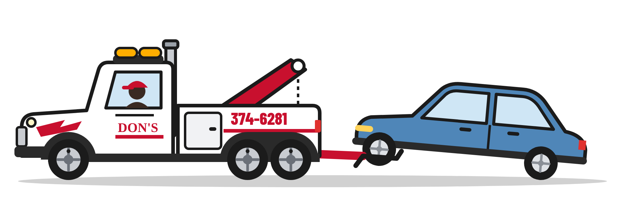 Illustration of the little Don’s tow truck pulling a blue car