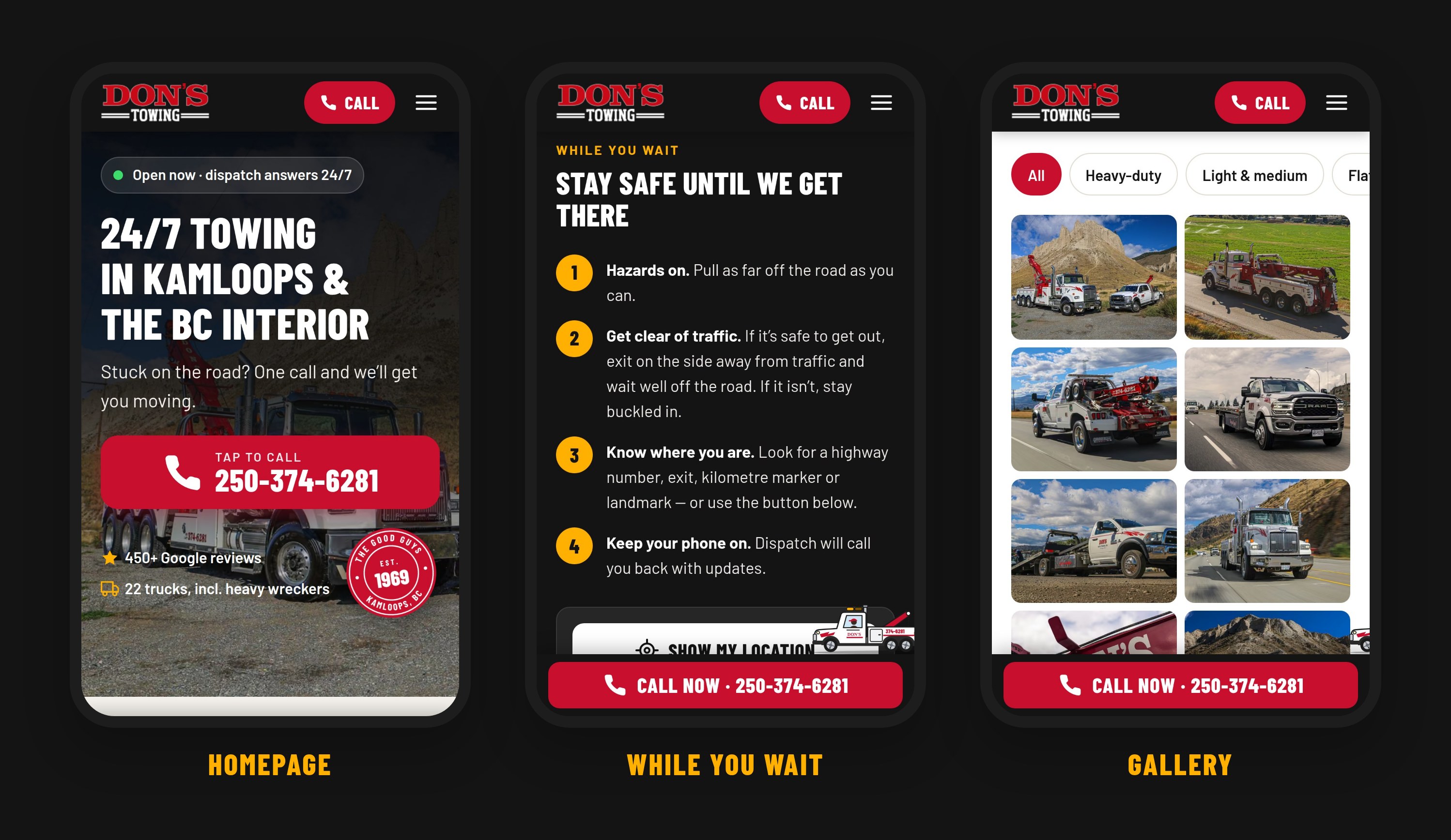 The redesign on three phones: the home page, the safety steps while you wait, and the fleet gallery