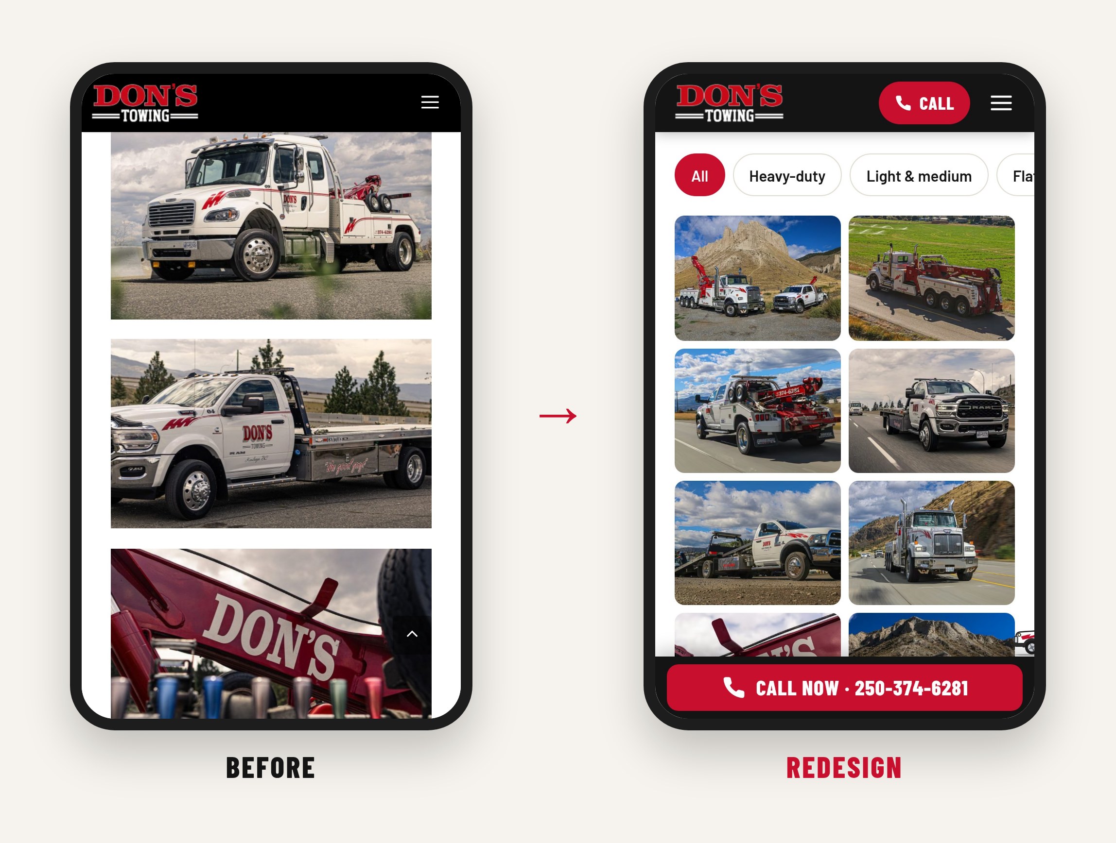 The fleet gallery on a phone before and after: one large photo at a time, then a compact grid of photos with filters by truck type
