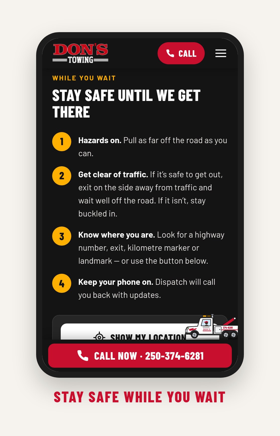 Phone screen titled Stay safe until we get there, with four numbered safety steps and a Show my location button