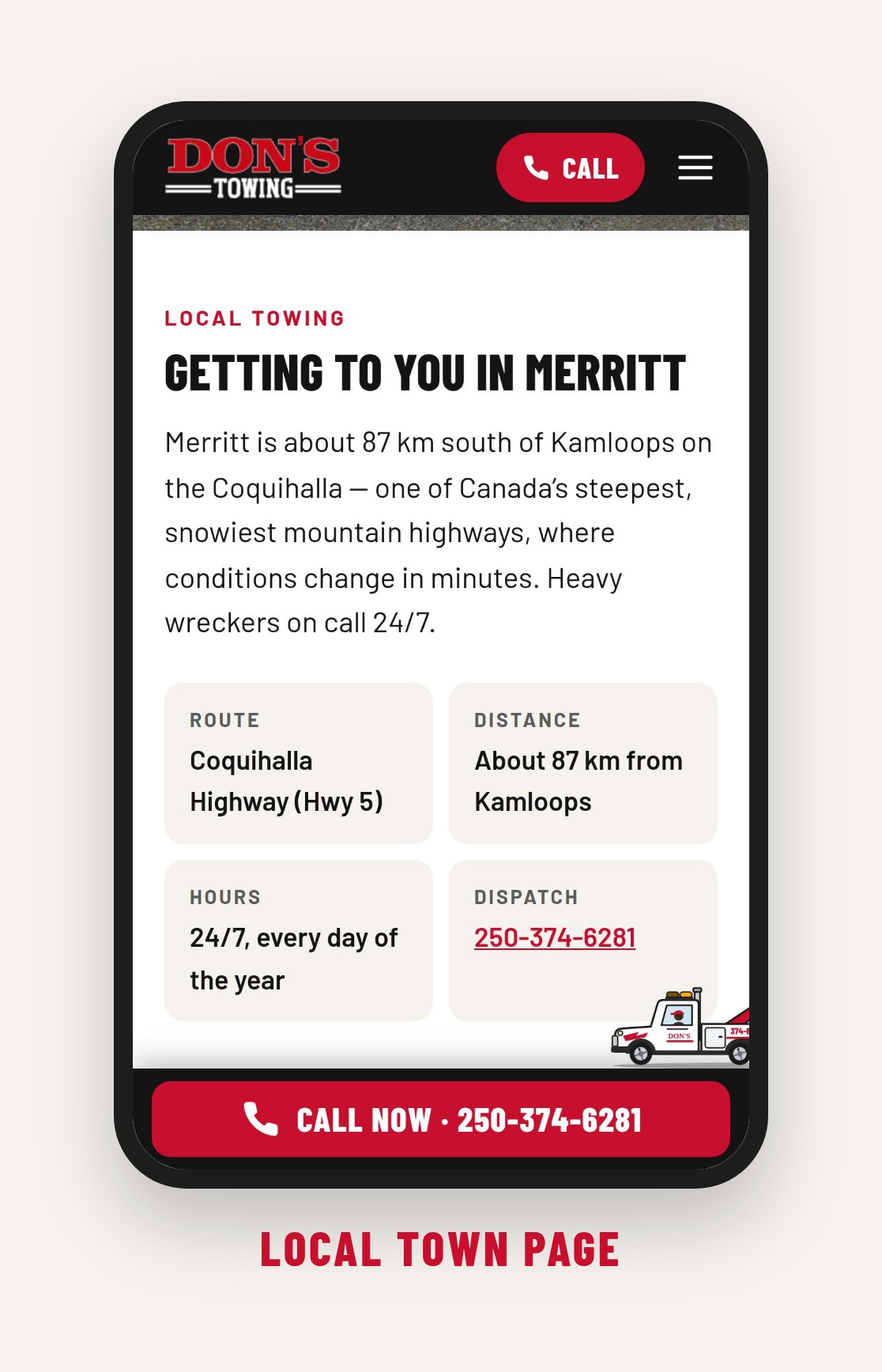 The Merritt town page on a phone, with the route, distance from Kamloops, hours and dispatch number