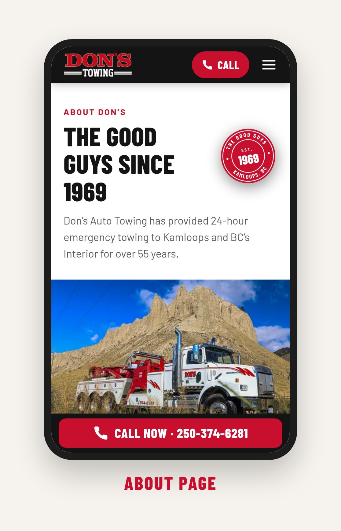 The About page on a phone, headed The good guys since 1969, with the Est. 1969 badge above a heavy wrecker