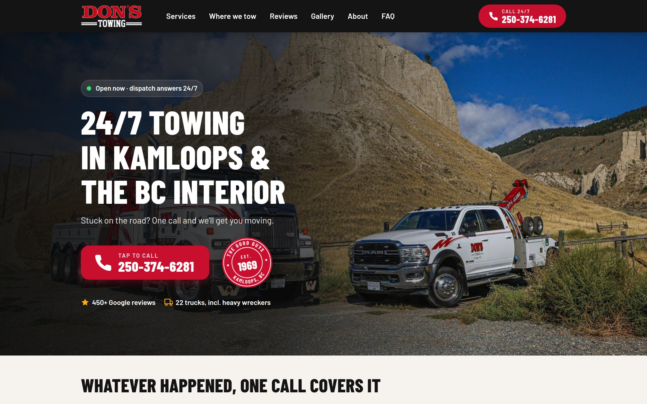 The Don’s Auto Towing redesign on a laptop: 24/7 towing in Kamloops and the BC Interior, with a tap-to-call button